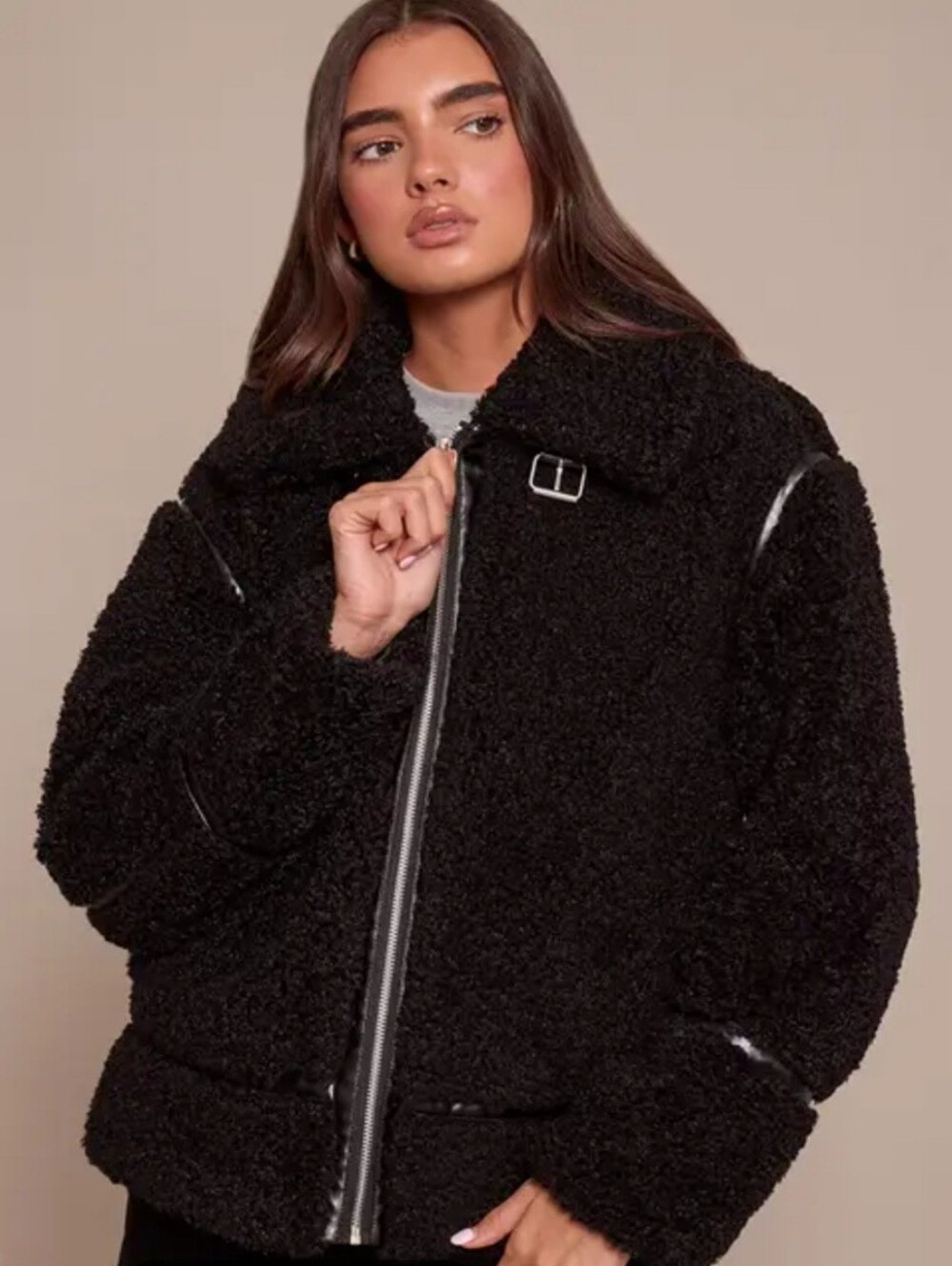 NWT Black Sherpa Faux Leather Trim Zip Up Moto Jacket